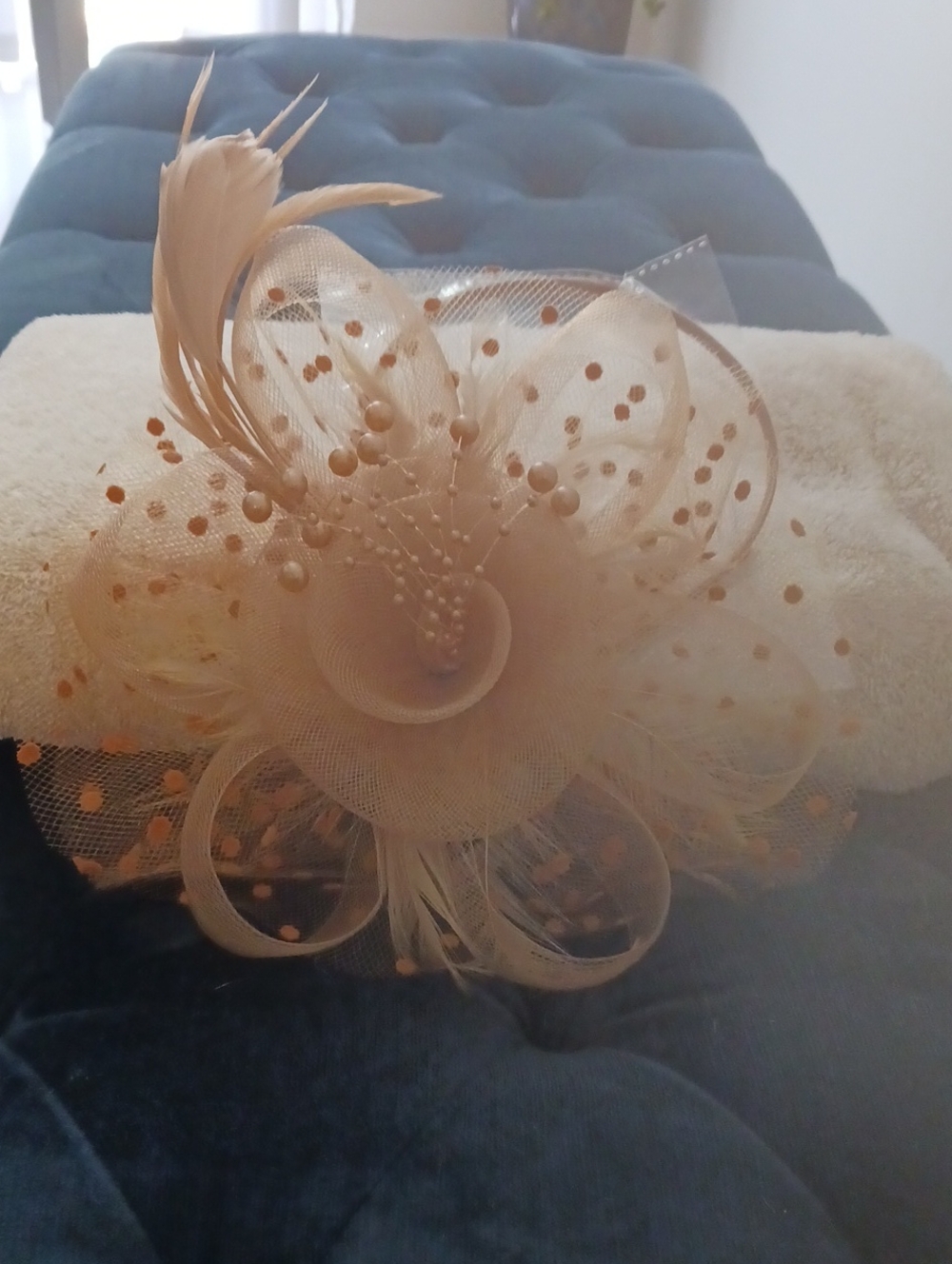 Beige Polka-Dot Tulle & Feather Fascinator Hair Clip